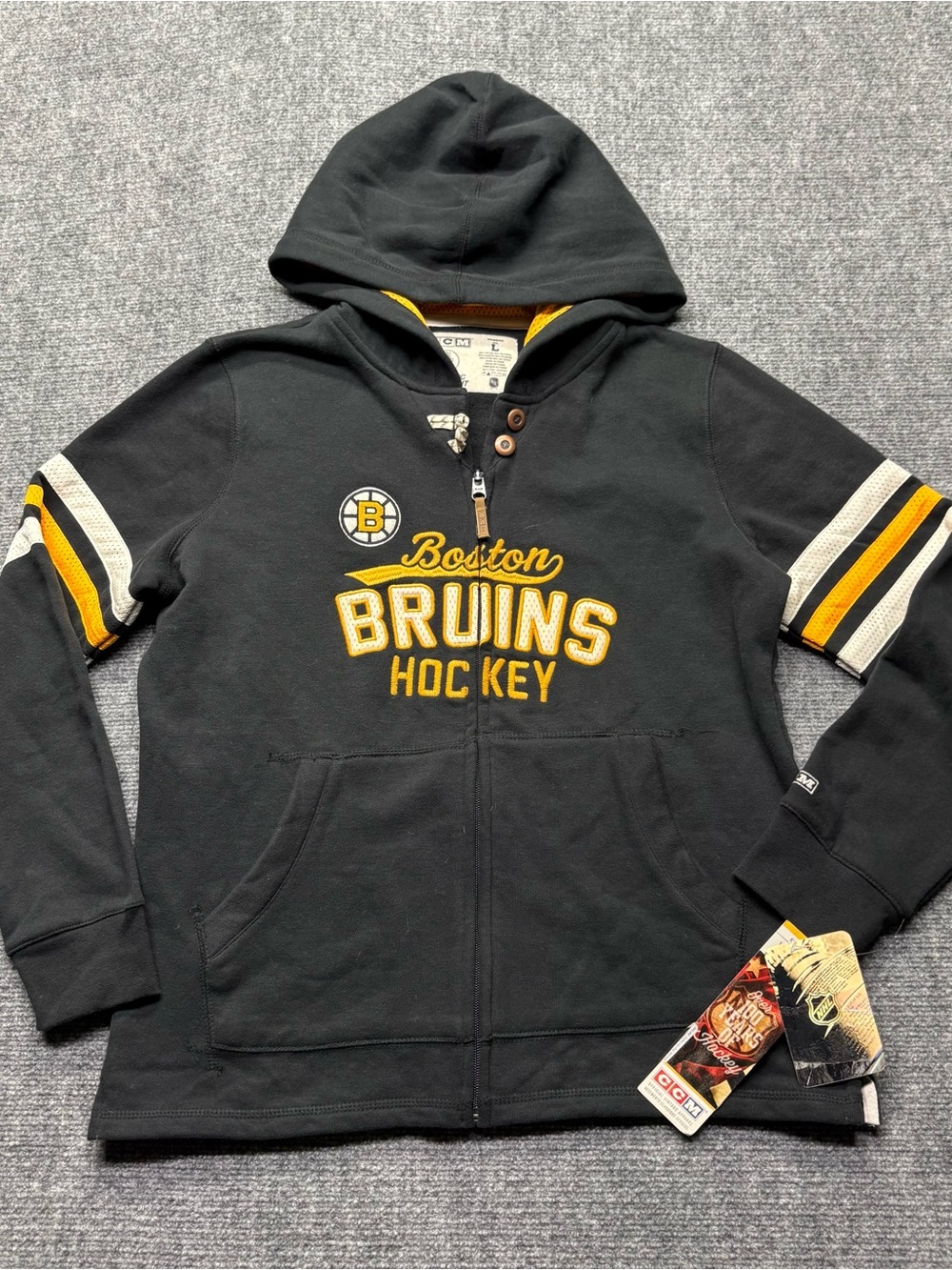 CCM NHL Boston Bruins Hoodie Womens L Black Full Zip Retro Hockey